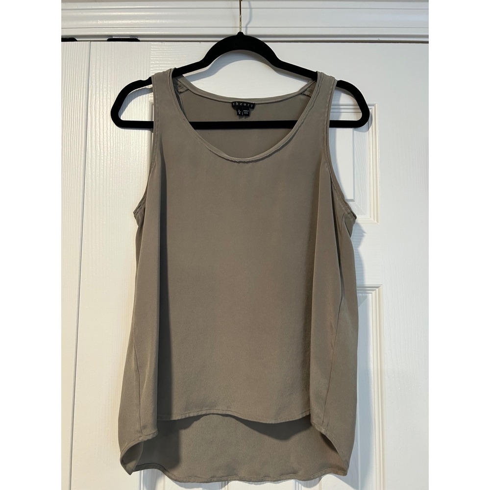 Theory 100% Silk Tank Top Taupe Brown Sleeveless Scoop Neck High Low Shell L